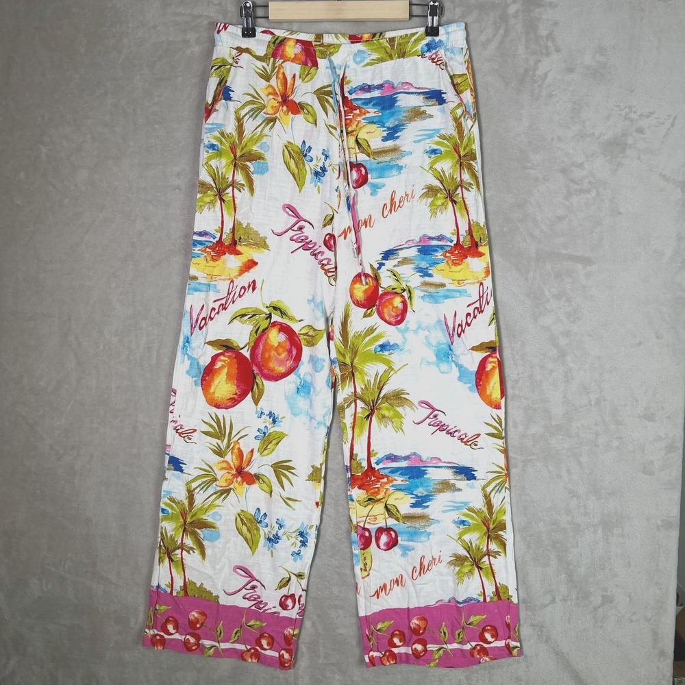 Anthro Label of Love Linen Blend Wide Leg Pants XL Tropical Beach Cherry Print